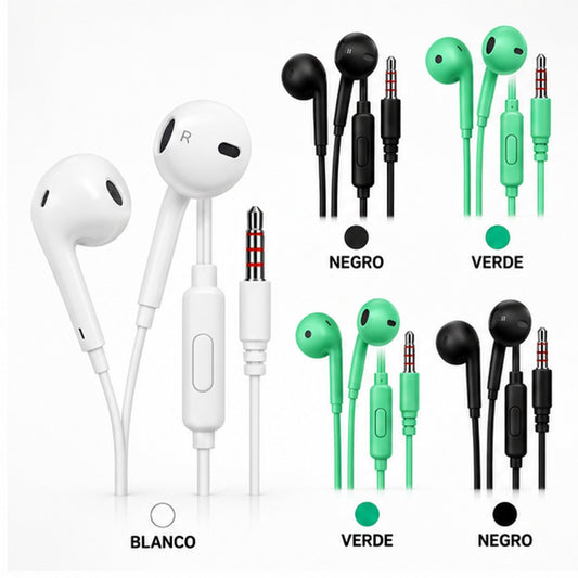 Audífonos con cable de 3.5 mm en colores blanco negro y verde