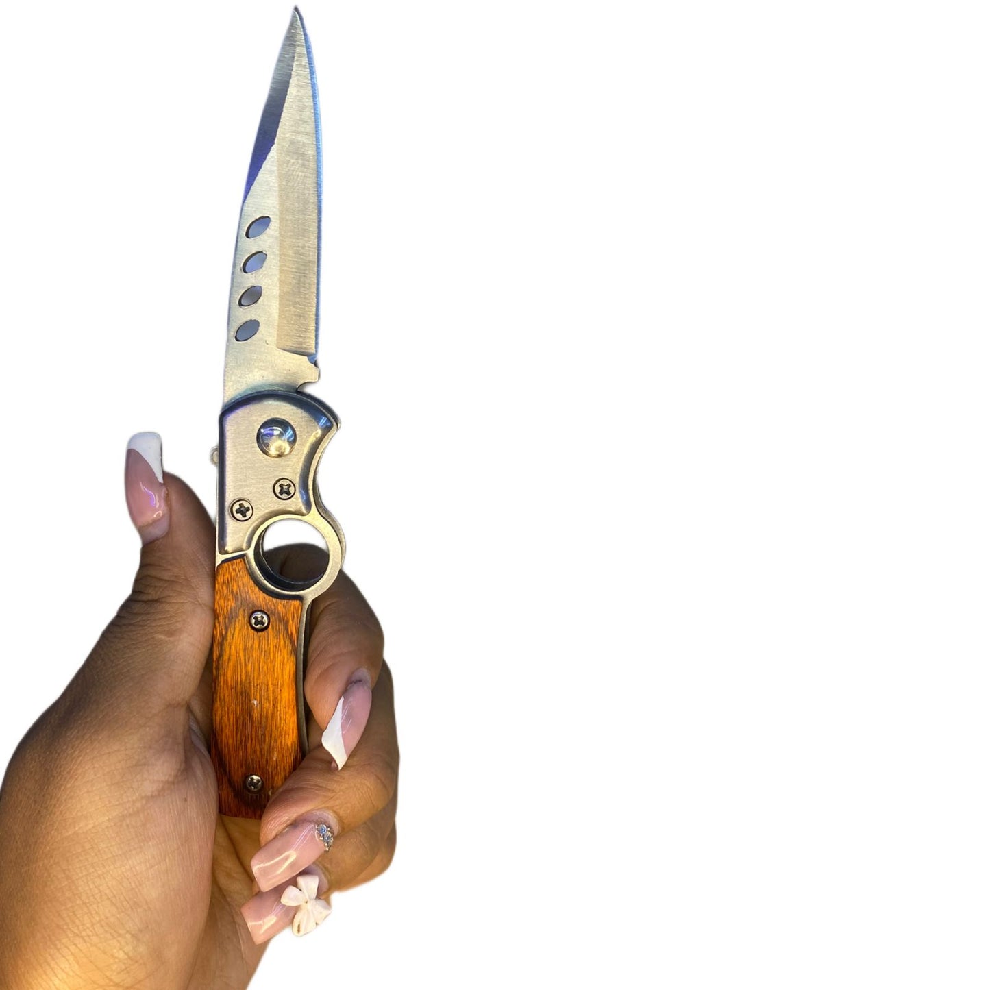 NAVAJA MANGO DE MADERA PLATA