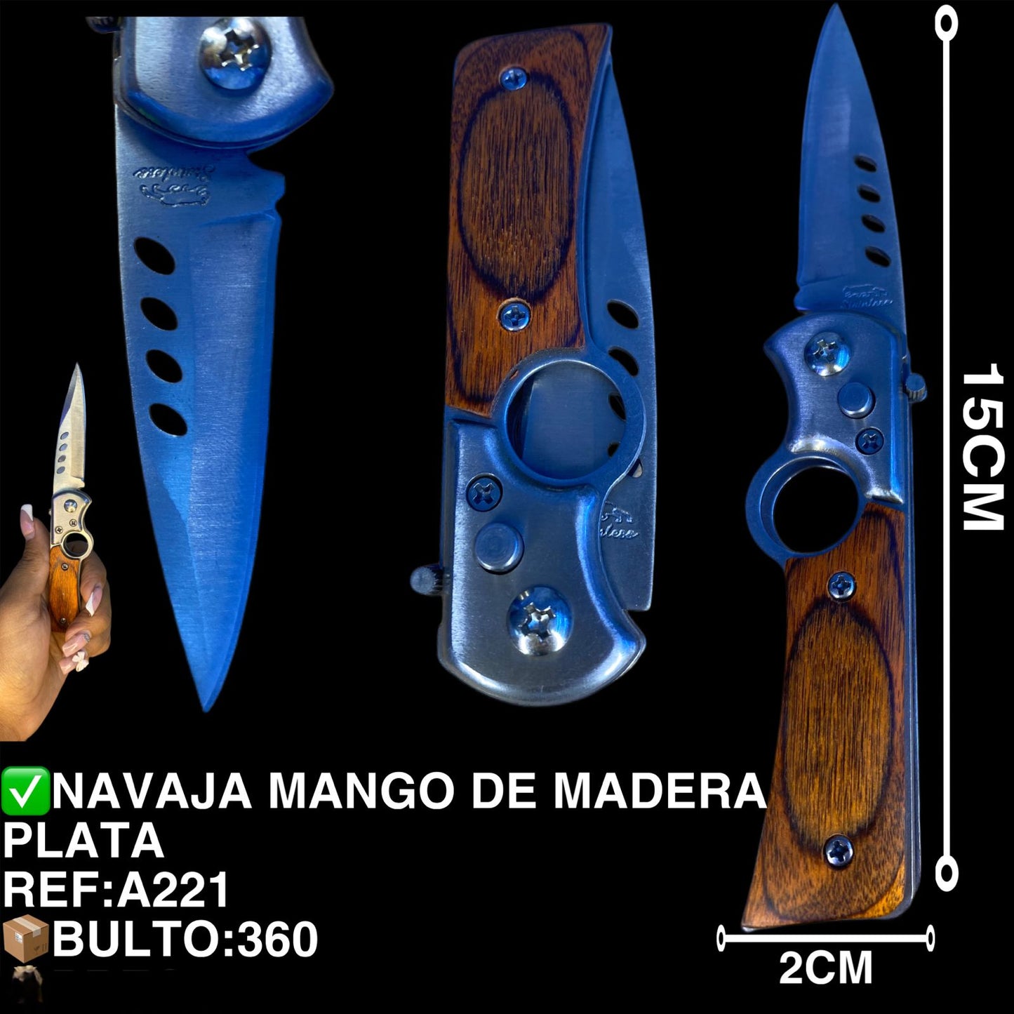 NAVAJA MANGO DE MADERA PLATA
