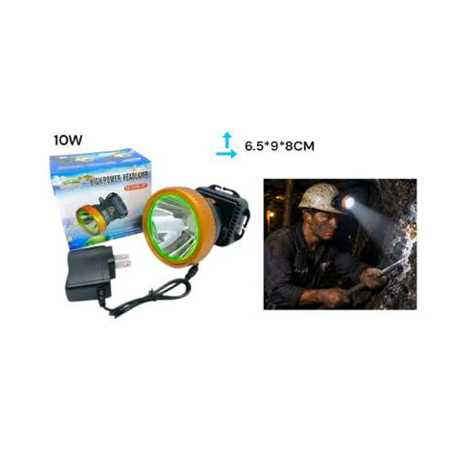 Linterna minera de 10 W con reflector frontal, correa para cabeza, cargador y caja; la imagen indica 6,5 × 9 × 8 cm.