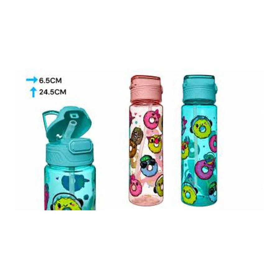 Termo infantil AM-377 de 600 ml con tapa abatible y boquilla; diseño de donas en botellas rosada y turquesa, 6,5 × 24,5 cm.