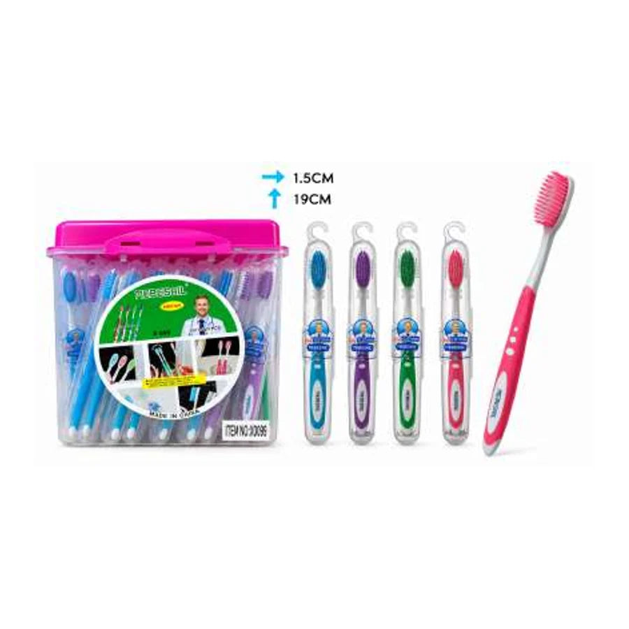 Cepillos dentales Dorco adulto X0999 en varios colores, exhibidor y medidas gráficas de 1,5 × 19 cm.