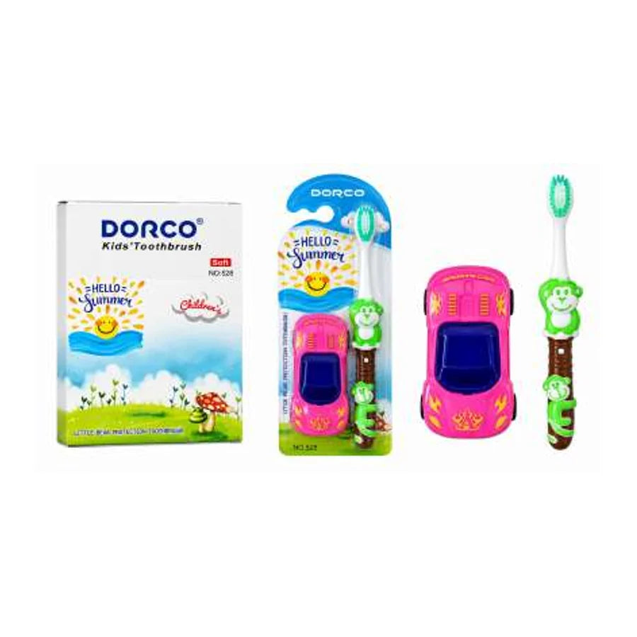 Cepillo dental infantil DORCO Kids 528 con mango de auto rosado y personaje verde, empaque y cepillo.