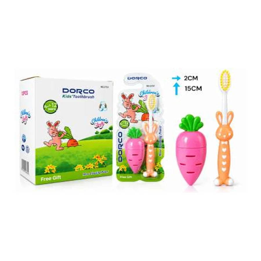 Cepillo dental infantil DORCO 2731 con mango de zanahoria o conejo y estuche; cabeza de 2 cm y largo de 15 cm.
