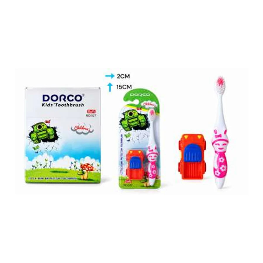 Cepillo dental infantil Dorco No. 527 con dibujo de tractor, cepillo rosa y juguete de vehículo rojo y azul.