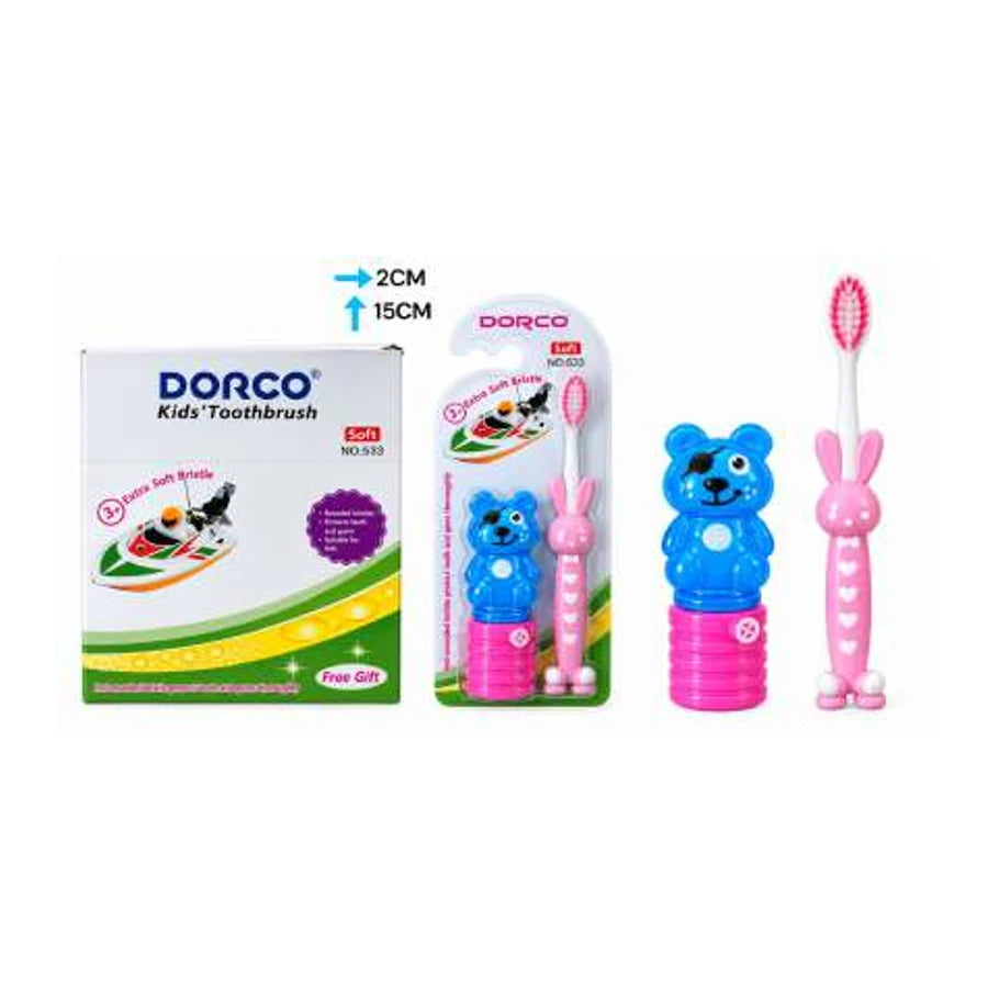 Cepillo dental Dorco Kids 533 con mangos decorados en azul y rosa, junto a la caja y el blíster.