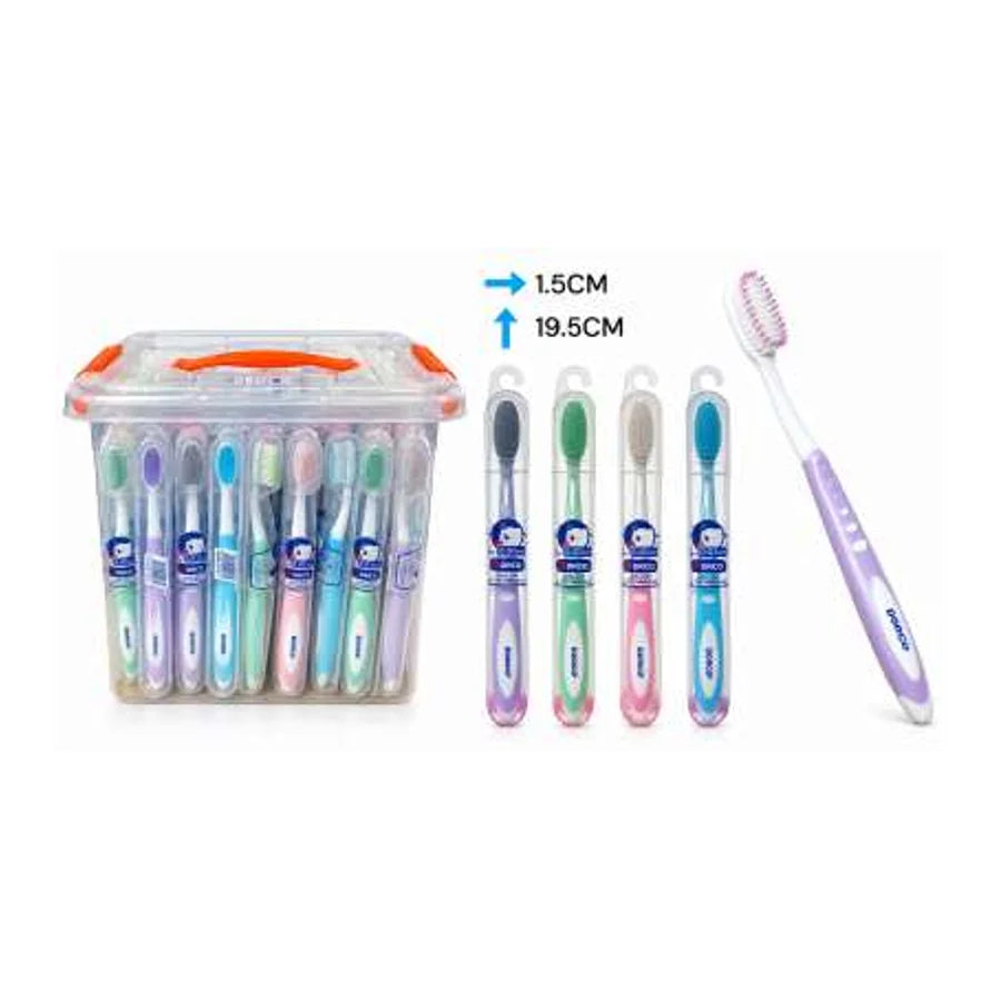 Cepillo dental DORCO 626 adulto en varios colores, en exhibidor transparente y vista individual de un cepillo.