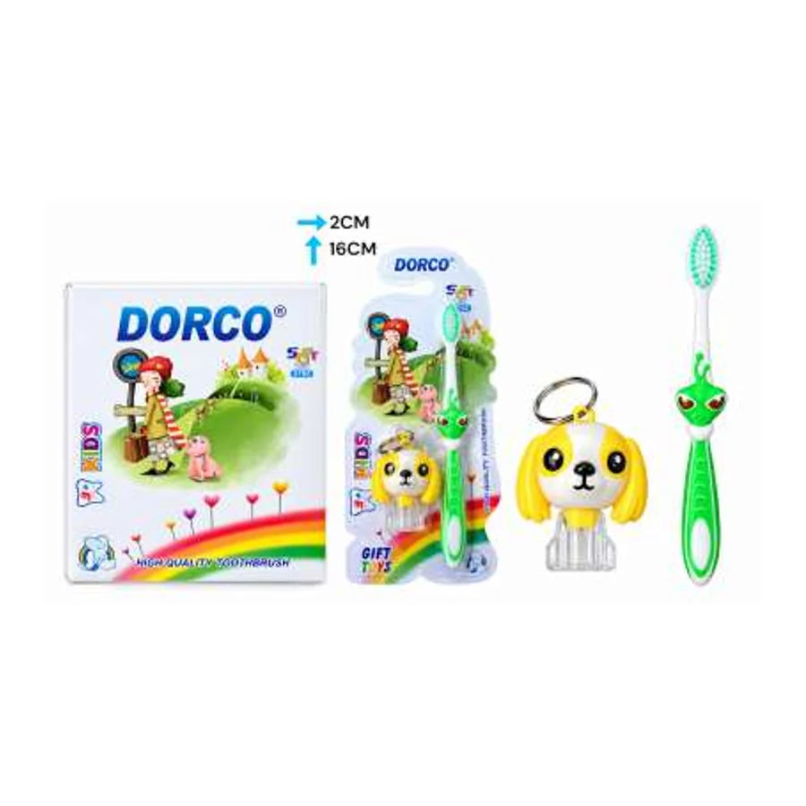 Cepillo dental DORCO infantil 2782 con mango verde y figura decorativa; empaque con estuche de perro y medida de 16 cm.