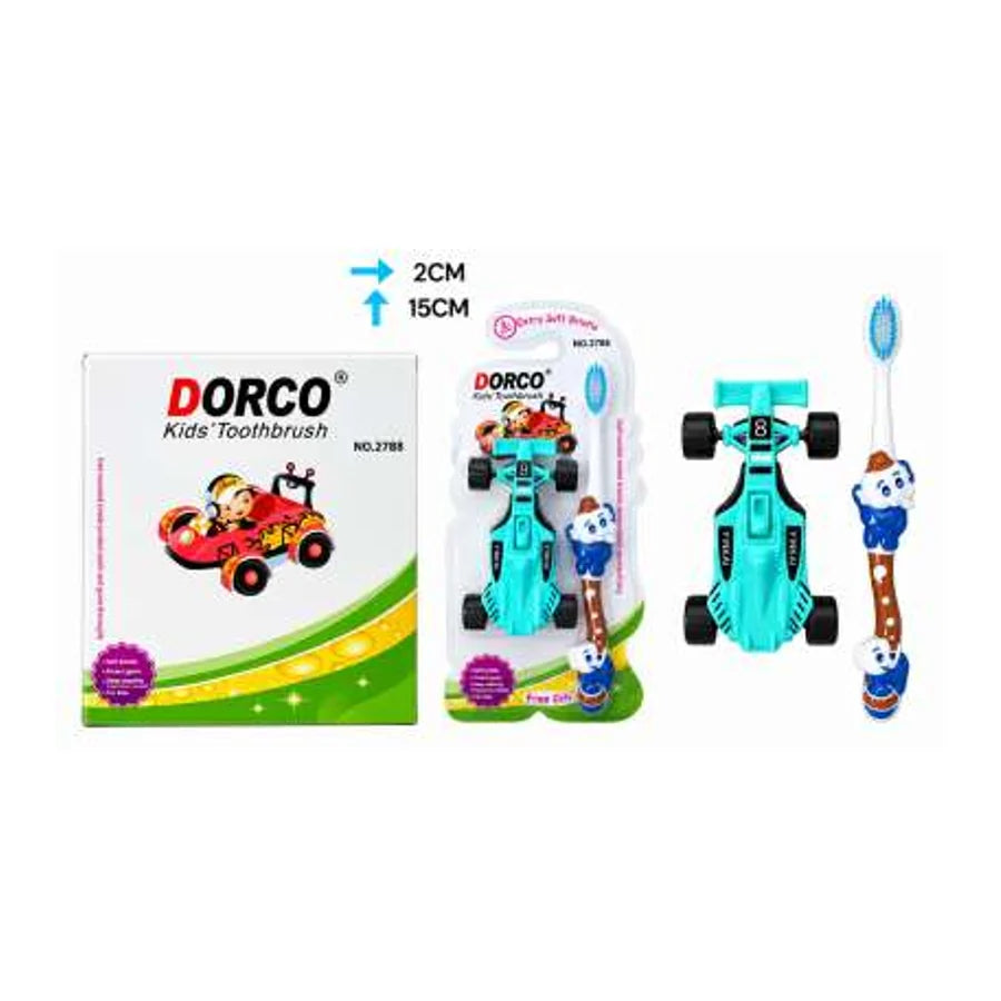 Cepillo dental infantil DORCO Kids 527-1 con mango de auto de carreras turquesa y personaje, empaque y cepillo.