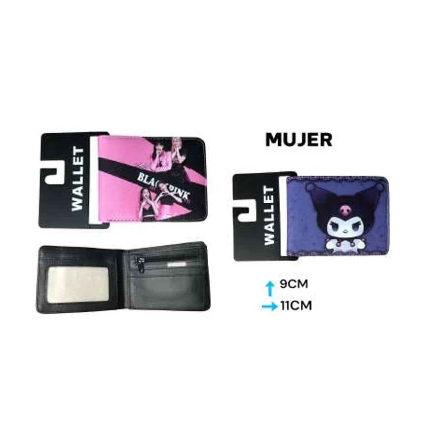 Billetera animada B-02 abierta y cerrada con estampados surtidos para mujer