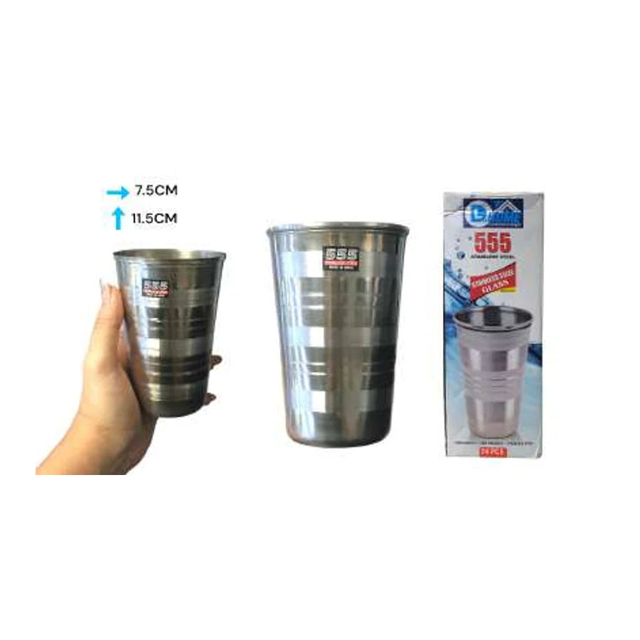 Vaso metálico cónico TI-0011758 con acabado plateado; se muestran una vista en mano, otra frontal y el empaque, 7,5 cm de diámetro por 11,5 cm de alto.