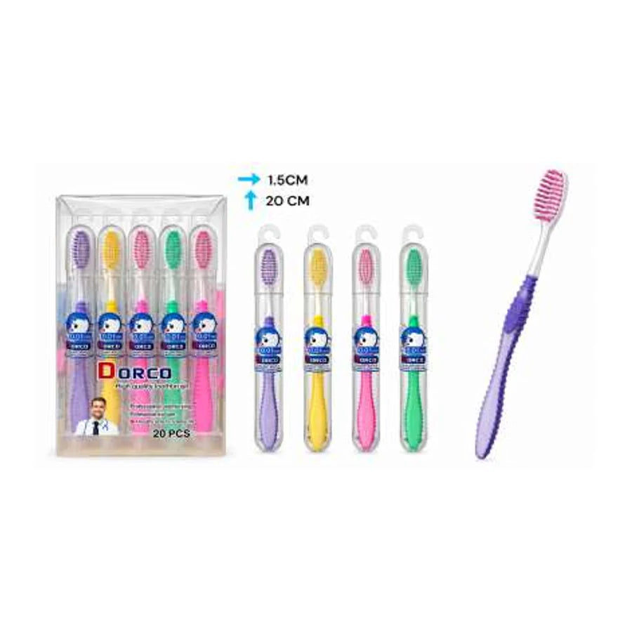 Cepillos Dorco referencia 932 en varios colores, exhibidor de 20 unidades y medidas gráficas de 1,5 × 20 cm.