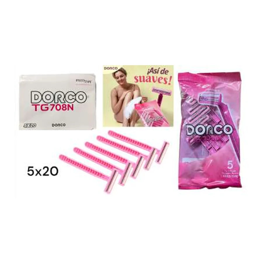Bolsa rosada DORCO TG708N de rasuradoras desechables; la imagen muestra el paquete y el rótulo 5×20.