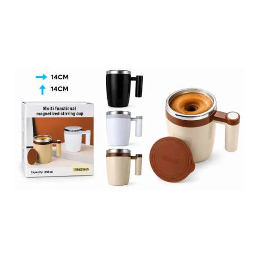 Vaso eléctrico mezclador con imán, tapa y batidor en la bebida; se muestran versiones negra, blanca y beige, 14 × 14 cm.