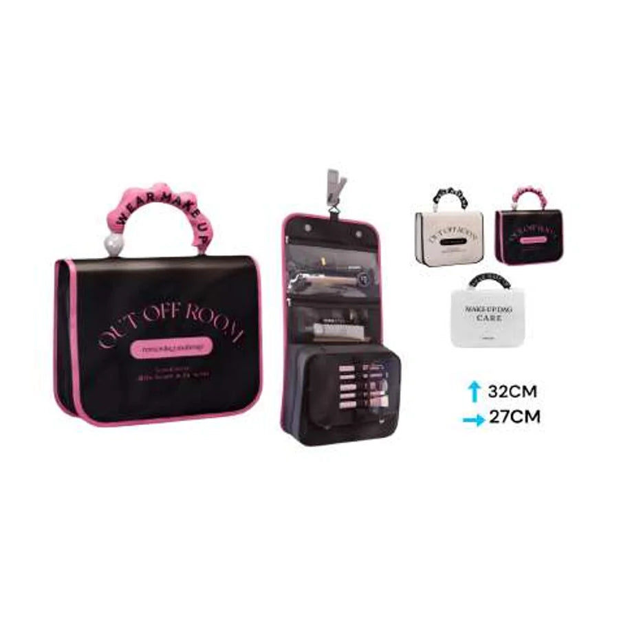 Organizador de bolso para cosméticos CH201 abierto y cerrado, negro con ribete rosado y compartimentos; mide 32 × 27 cm.