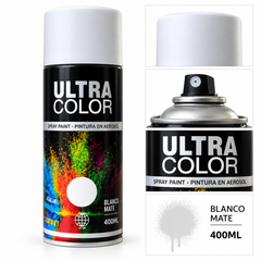 Detalle del aerosol blanco mate Ultra Color 400 ml y su aplicador