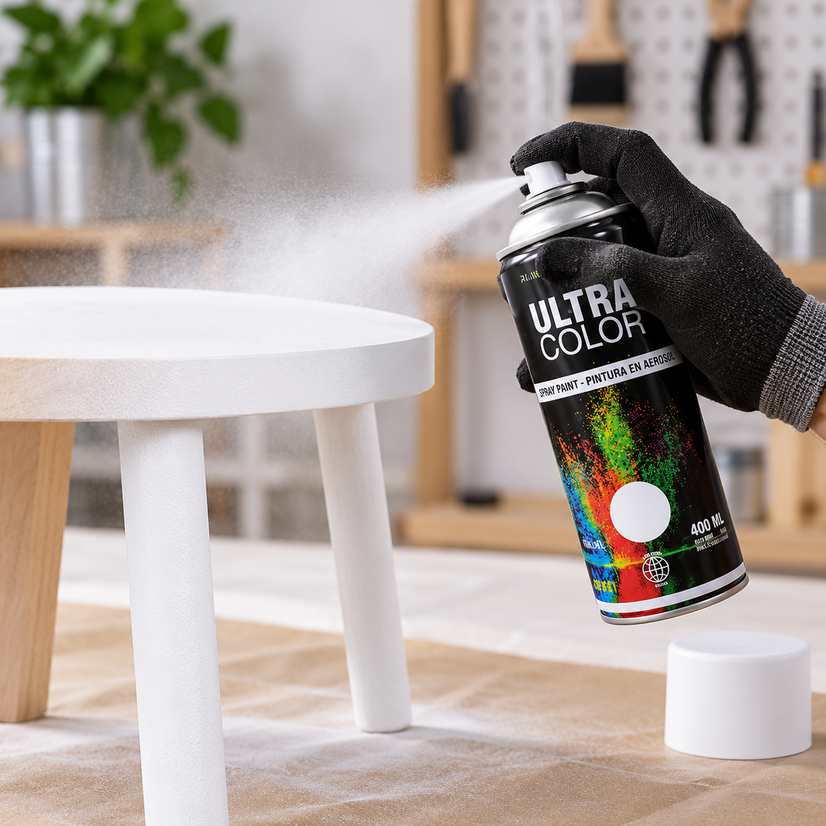Aplicación de pintura aerosol blanco mate sobre mueble