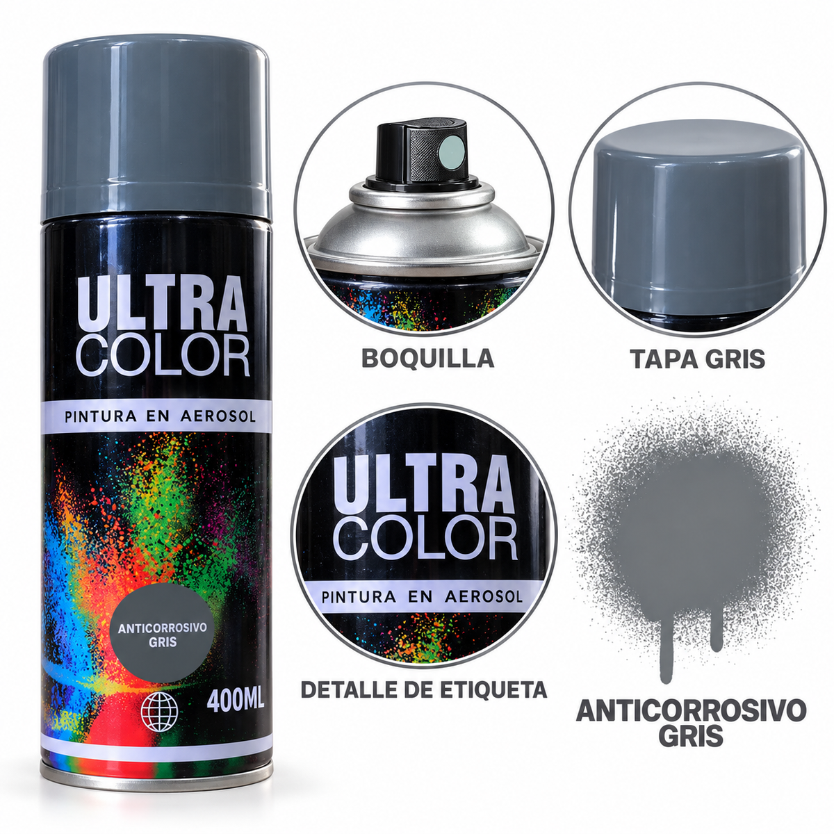 Aerosol Ultra Color gris 400 ml detalles del envase y aplicador