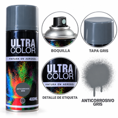 Aerosol Ultra Color gris 400 ml detalles del envase y aplicador