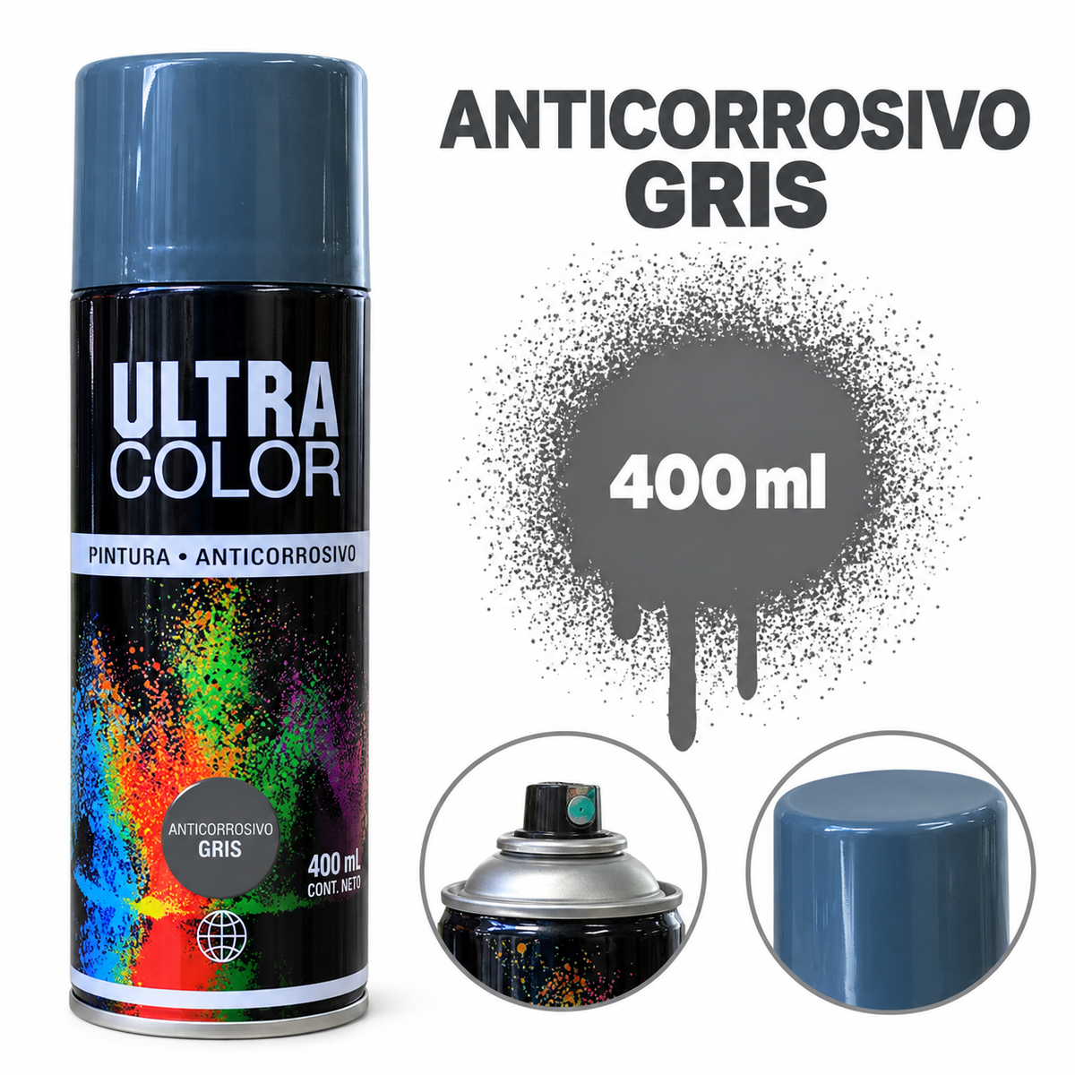 Aerosol anticorrosivo gris Ultra Color 400 ml con muestra del color