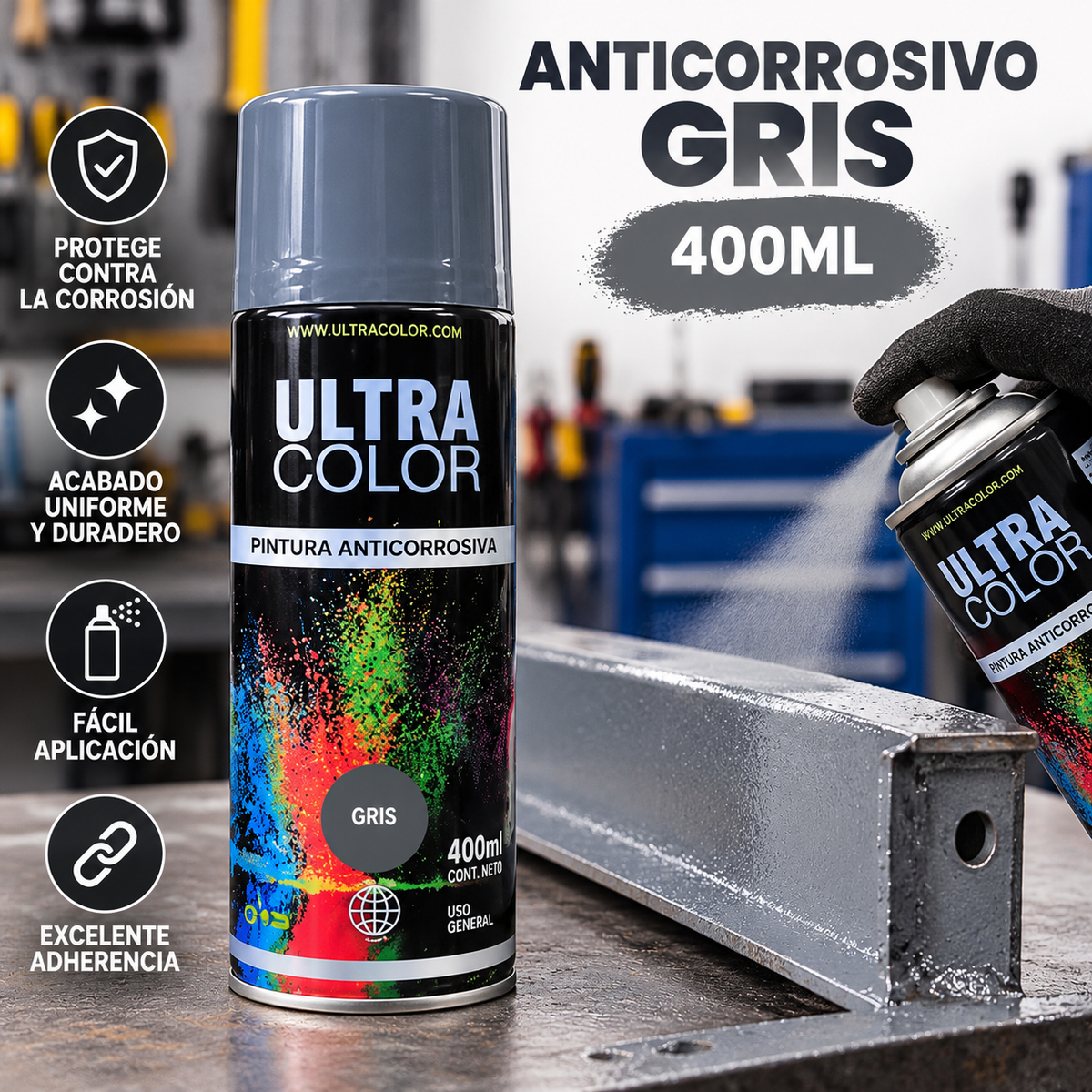Aplicación de aerosol anticorrosivo gris Ultra Color sobre estructura metálica