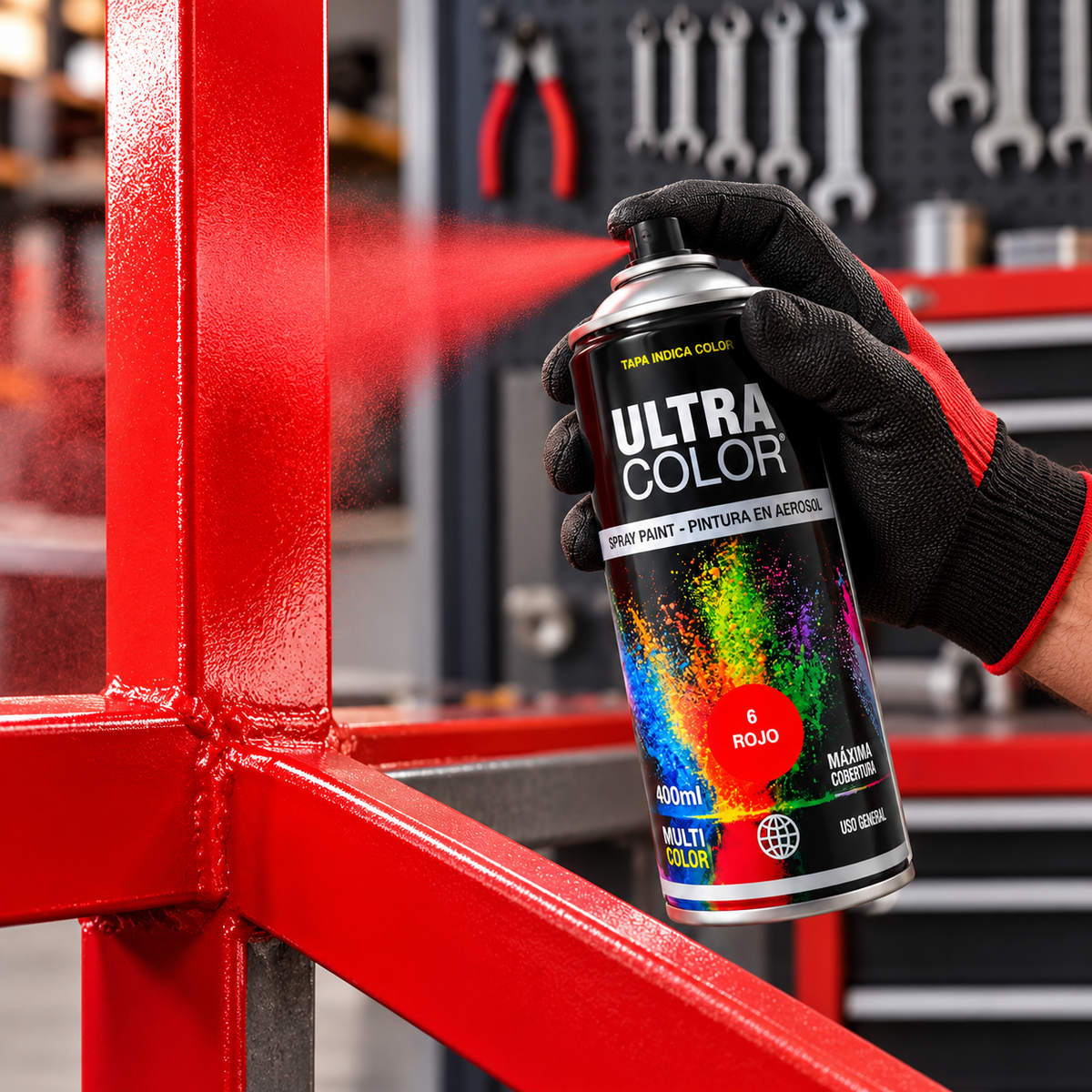 Aplicación de pintura aerosol anticorrosivo rojo Ultra Color en superficie metálica
