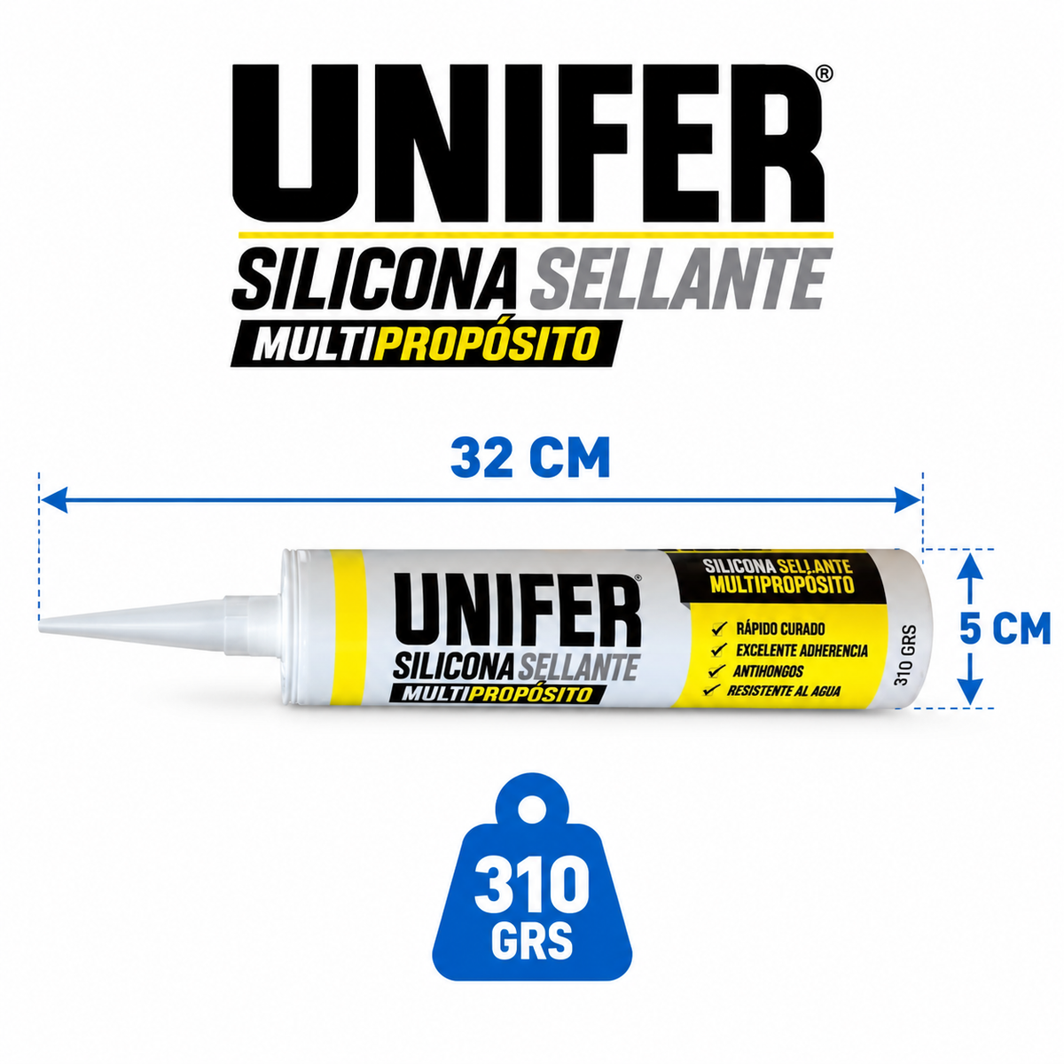 Silicona sellante UNIFER 310 gramos dimensiones 32 cm por 5 cm
