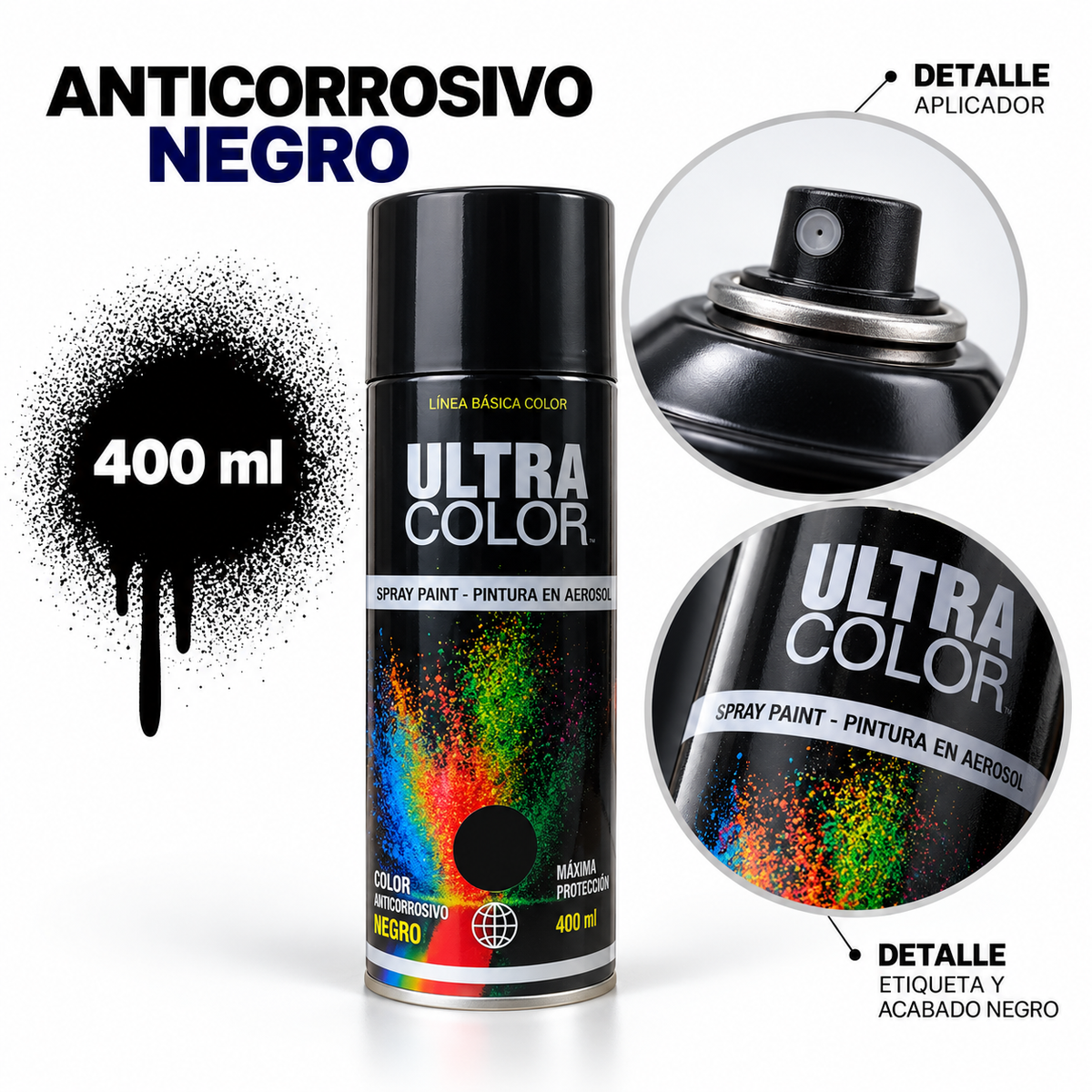 Aerosol Ultra Color anticorrosivo negro 400 ml con detalle de aplicador y etiqueta