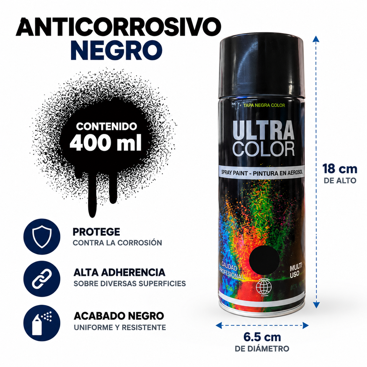 Aerosol Ultra Color negro 400 ml con medidas y características visibles
