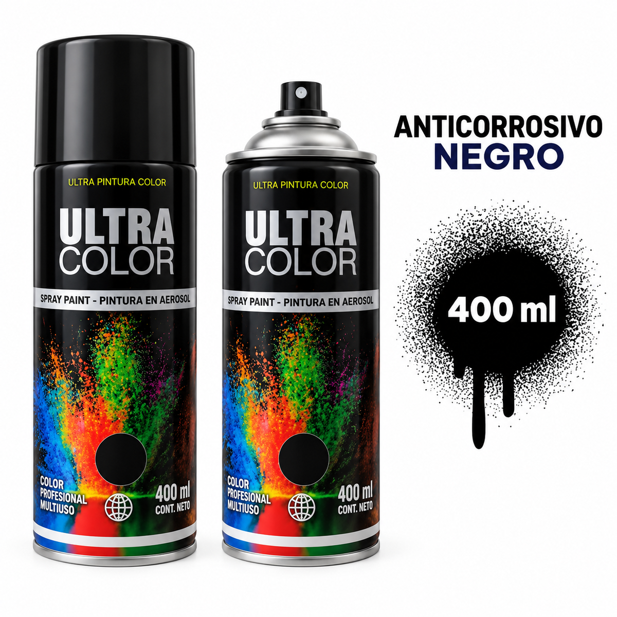 Aerosoles Ultra Color negro anticorrosivo 400 ml, envase con y sin tapa