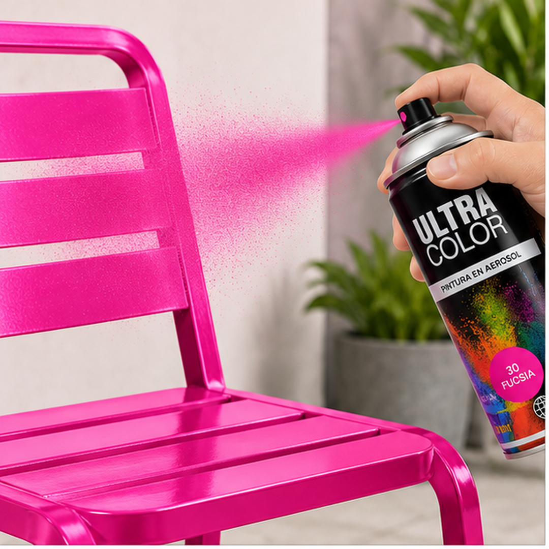 Aerosol Ultra Color pintura fucsia 30 de 400 ml aplicado sobre silla