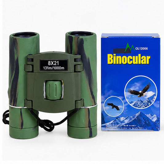 Binoculares verdes y caja azul