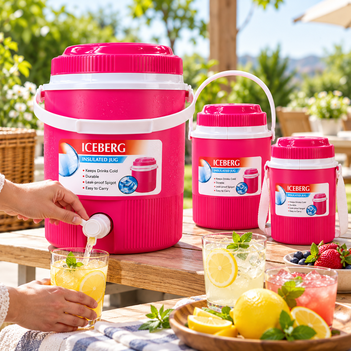 Juego de tres termos ICEBERG rosados en picnic con bebidas frías