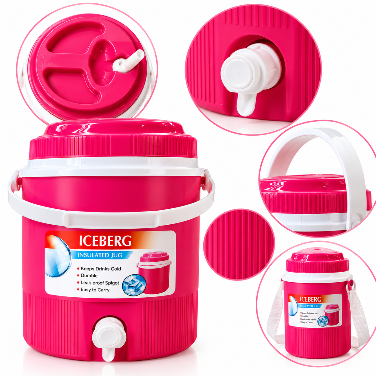 Detalle del termo ICEBERG rosado con grifo tapa y asa