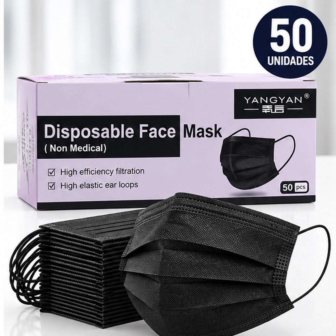 Tapabocas negro YANGYAN con caja lila de 50 unidades