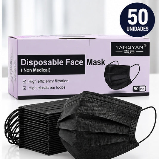 Tapabocas negro YANGYAN con caja lila de 50 unidades