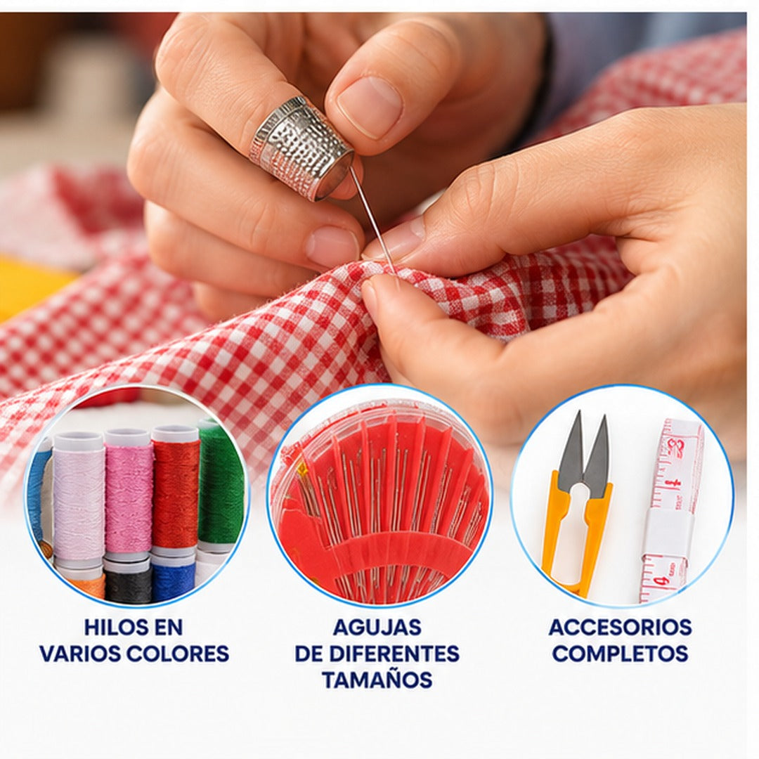 Uso de aguja e hilo del kit de costura de 45 piezas para remendar tela