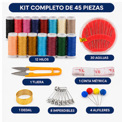 Gráfico del kit de costura de 45 piezas con hilos, agujas, tijera, cinta métrica y dedal
