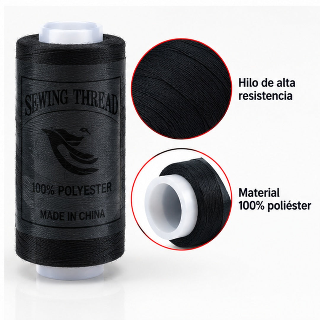 Detalle de carrete de hilo negro