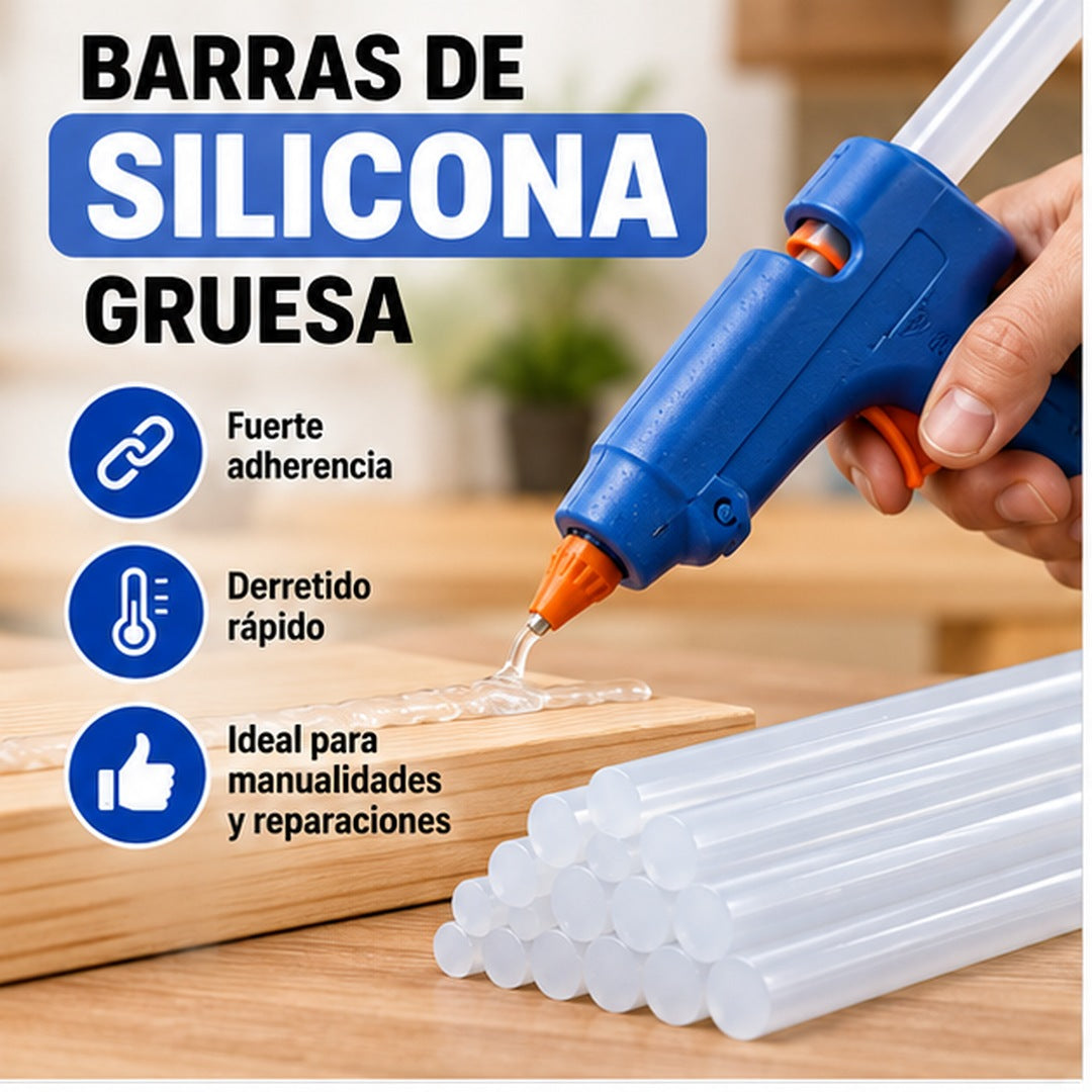 Barras gruesas de silicona termofusible junto a pistola azul aplicando pegamento sobre madera
