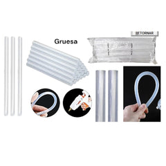 Presentación de barras gruesas transparentes de silicona termofusible, paquete y medidas visuales