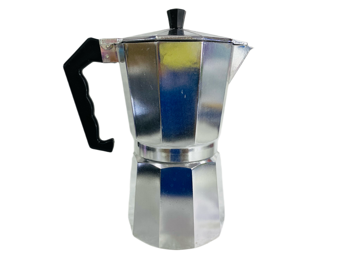 Cafetera metálica octagonal CM-09 fotografiada de frente
