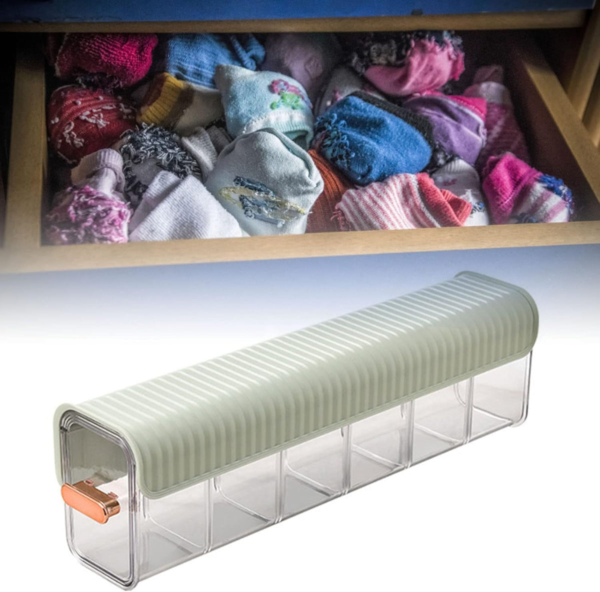 Caja organizadora con separadores dentro de un cajón de ropa