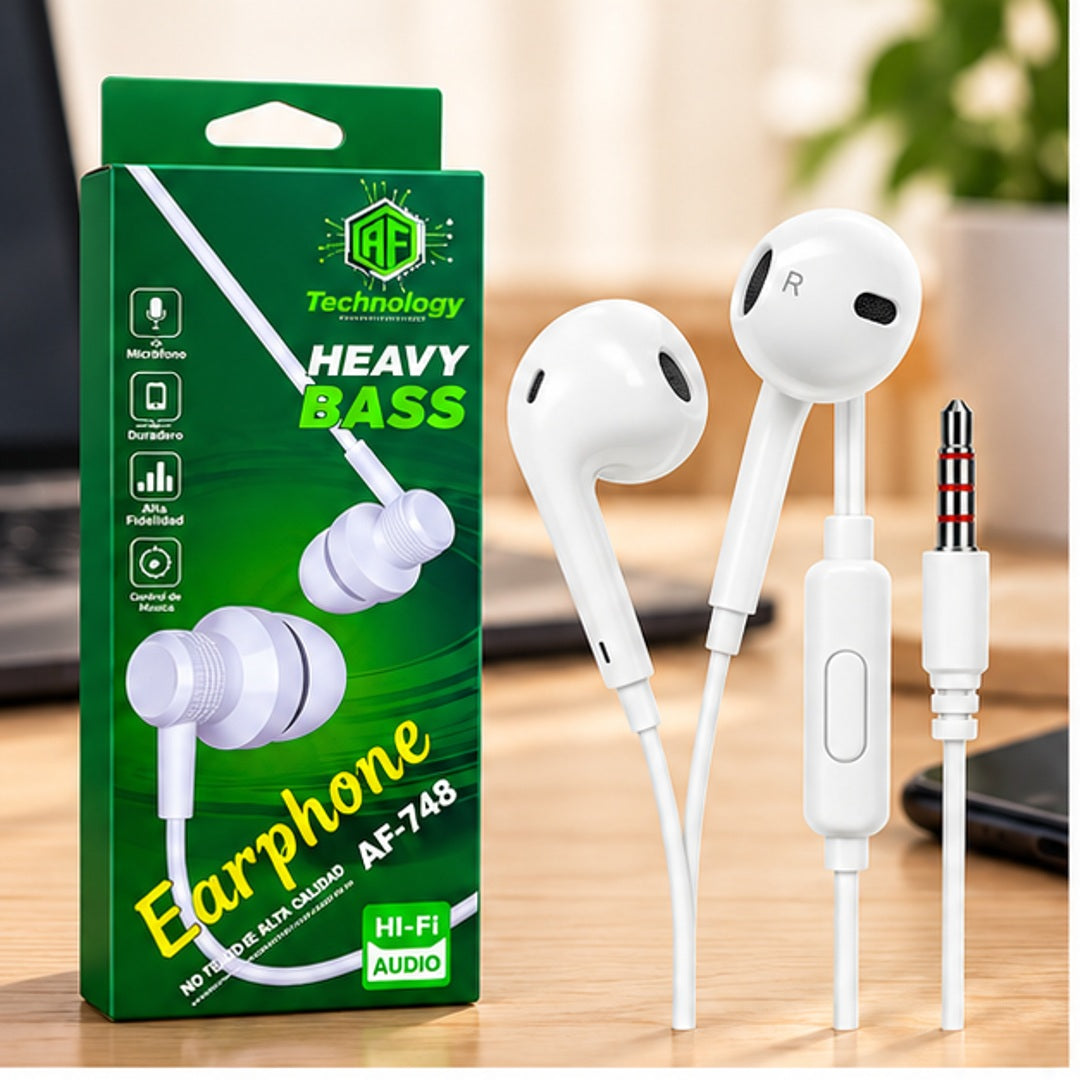 Audífonos con cable blancos y empaque verde AF-748, presentación ambientada