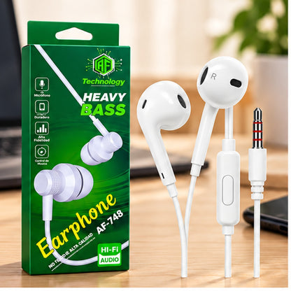 Audífonos con cable blancos y empaque verde AF-748, presentación ambientada