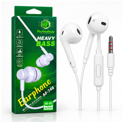 Audífonos blancos con empaque verde Heavy Bass
