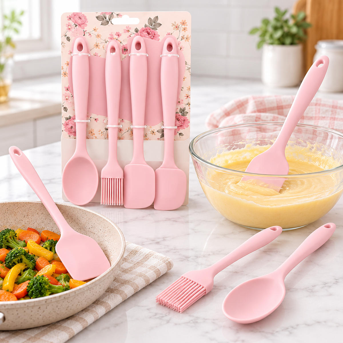Utensilios de silicona rosa ATC-01 usados para mezclar y cocinar alimentos