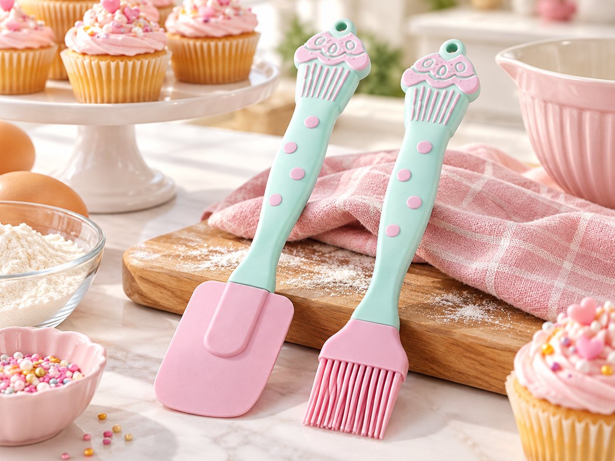 Set de utensilios de cocina en silicona con pala rosada y brocha de cerdas rosadas, mangos verde menta