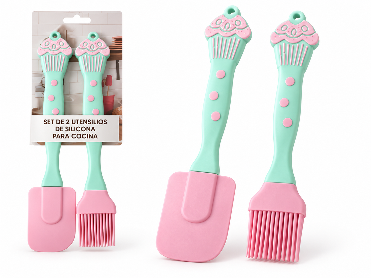 Set de dos utensilios de silicona para cocina con pala y brocha, empaque incluido