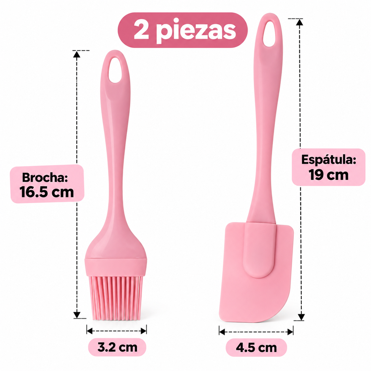 Medidas del set de pala y brocha rosa para repostería